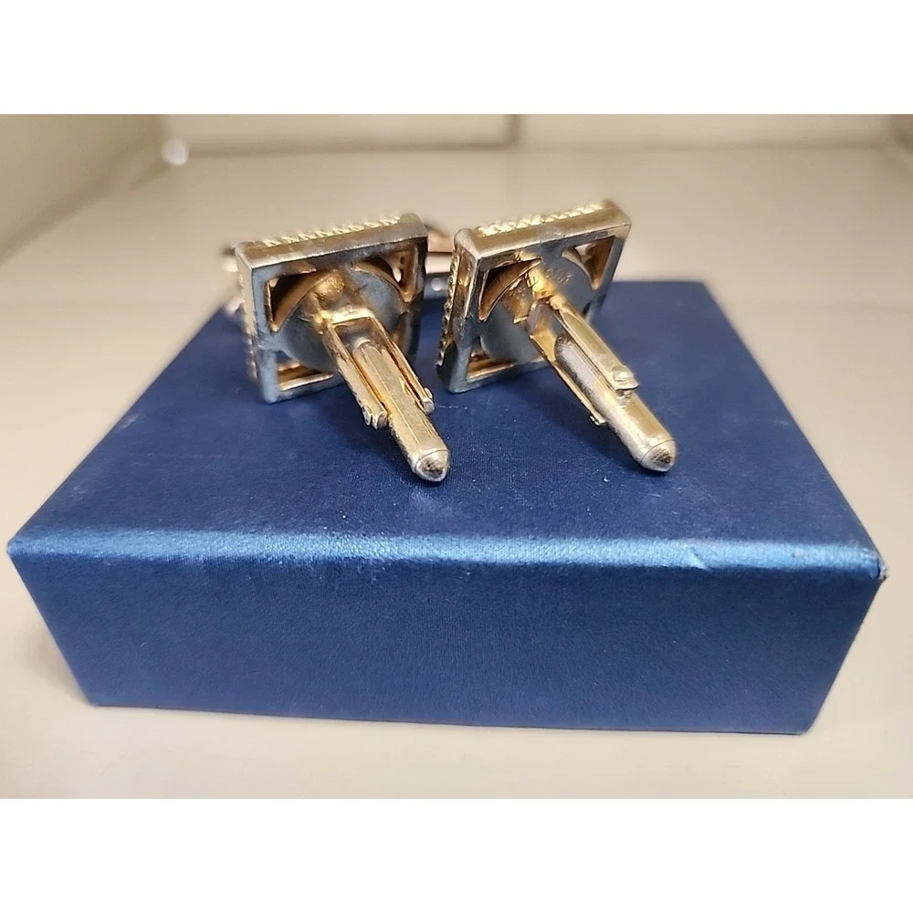 Vintage Cat's Eye Cufflinks & Tie Bar Set Retro Cool Square/Rectangle Gold Tone